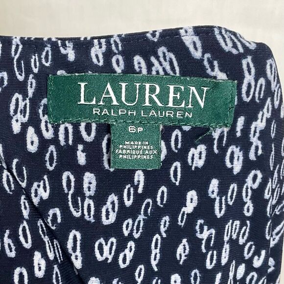 Lauren Ralph Lauren Ruched Dress Navy Printed Matte Jersey Knit Sz 6P Office - Picture 7 of 12